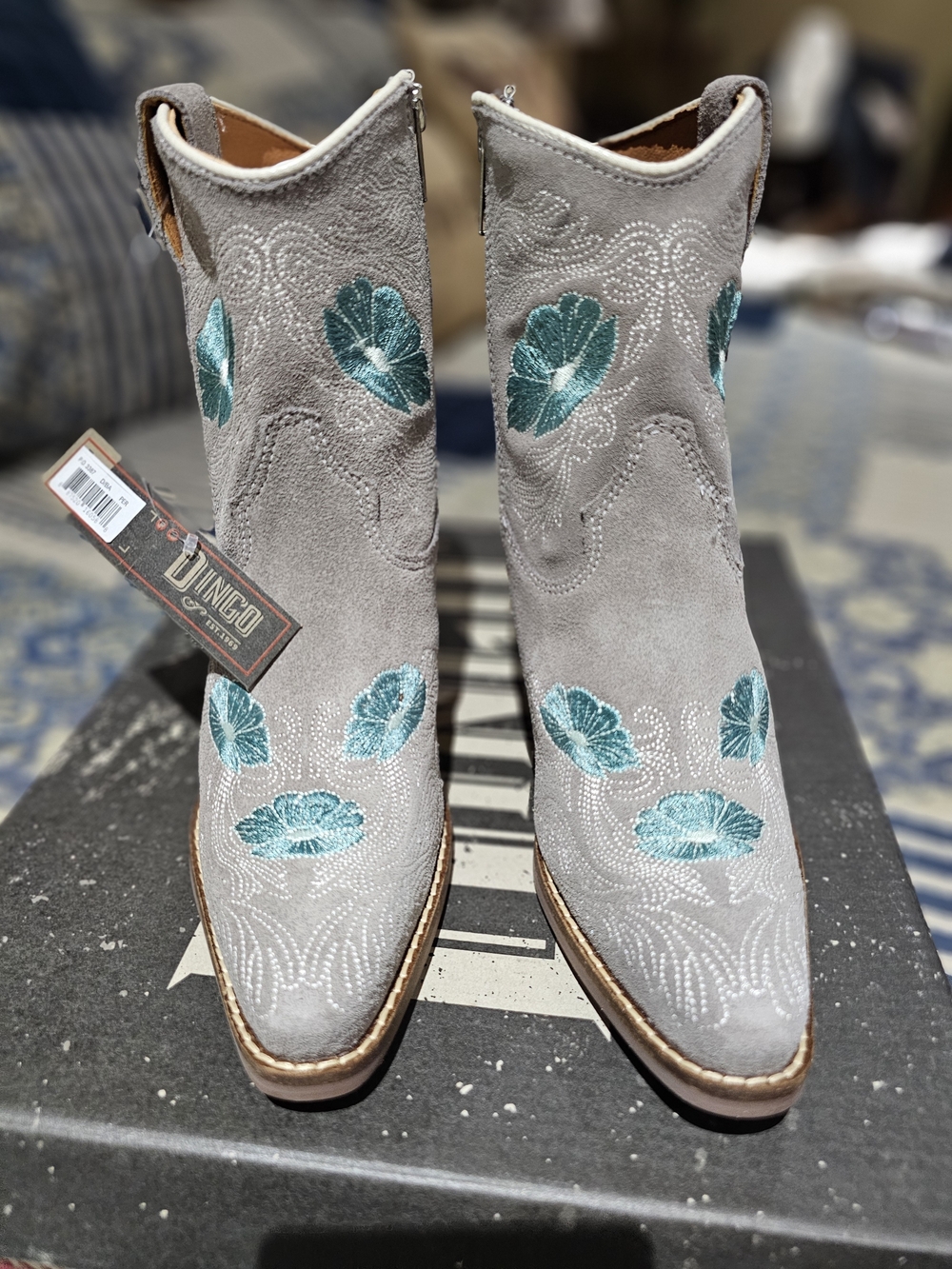 dingo 'TOOTSIE' Grey Suede Booties with Teal Floral Embroidery, NWT